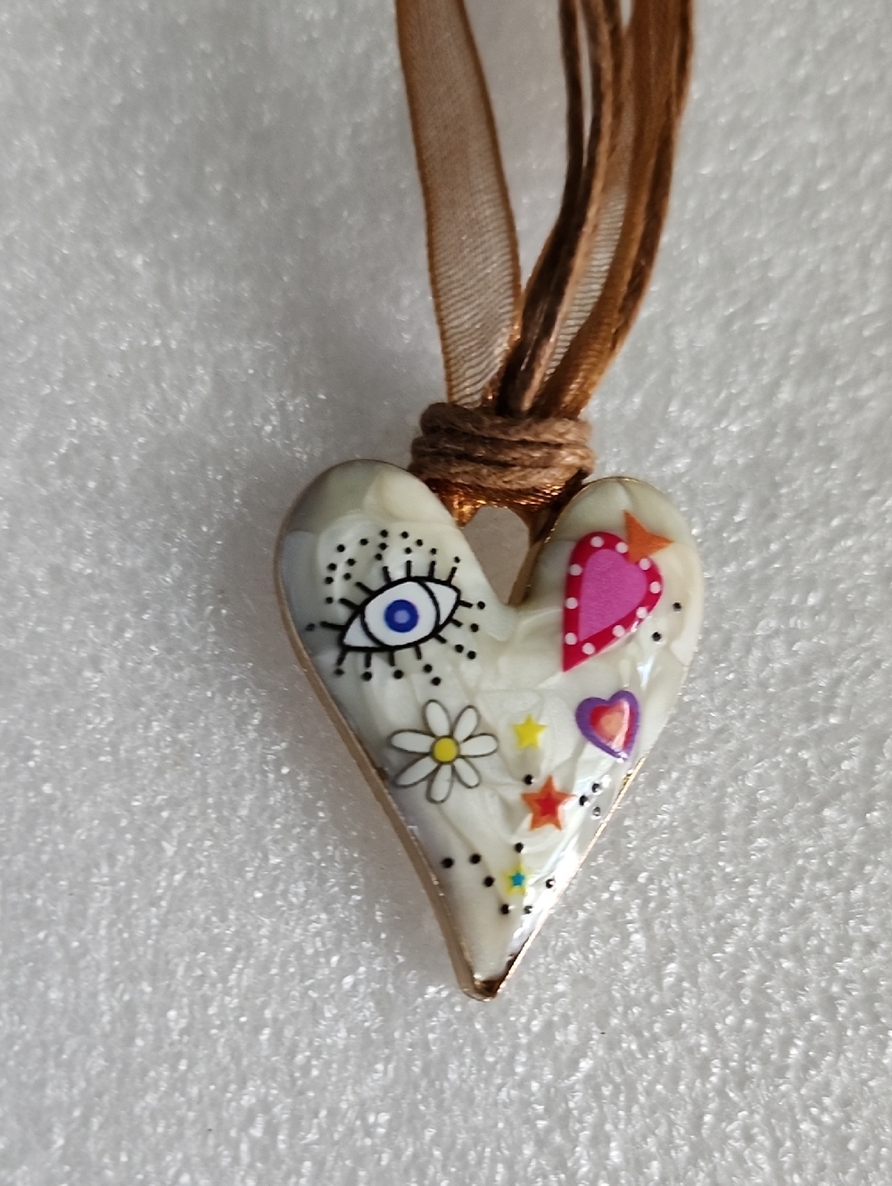 Hand Crafted White Heart Pendant Necklace with Pink and Purple Accents
